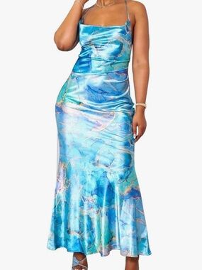 Satin Marble Slip Dress in Aqua Blue - Women's